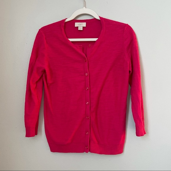 LOFT Sweaters Loft S Hot Pink Buttoned 34 Sleeve Cardigan Poshmark